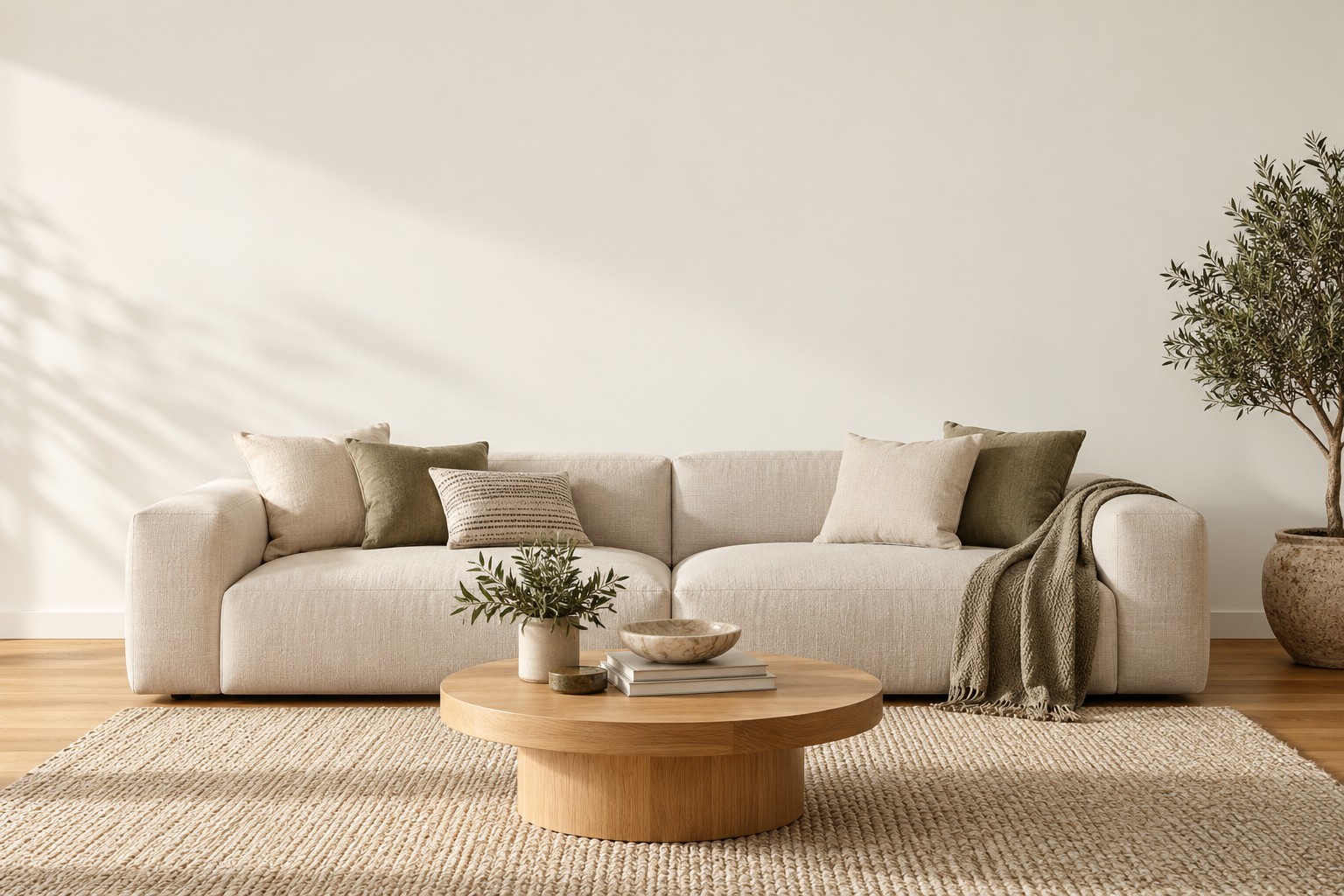 Interior colour inspiration: a light living room with natural timber and warm white walls